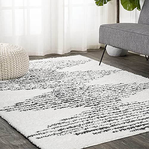 JONATHAN Y MOH408A-8 Elm Diamond Stripe Geometric Shag Indoor Area-Rug Bohemian Contemporary Glam Easy-Cleaning Bedroom Kitchen Living Room Non Shedding, 8 X 10, White/Black