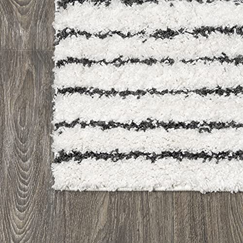 JONATHAN Y MOH407A-8 Petra Abstract Stripe Geometric Shag Indoor Area-Rug Bohemian Contemporary Glam Easy-Cleaning Bedroom Kitchen Living Room Non Shedding, 8 X 10, White/Black