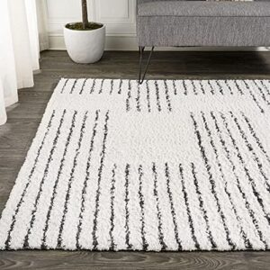 JONATHAN Y MOH407A-8 Petra Abstract Stripe Geometric Shag Indoor Area-Rug Bohemian Contemporary Glam Easy-Cleaning Bedroom Kitchen Living Room Non Shedding, 8 X 10, White/Black