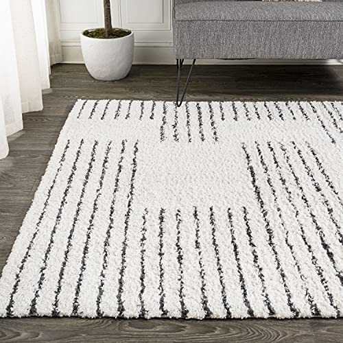 JONATHAN Y MOH407A-8 Petra Abstract Stripe Geometric Shag Indoor Area-Rug Bohemian Contemporary Glam Easy-Cleaning Bedroom Kitchen Living Room Non Shedding, 8 X 10, White/Black