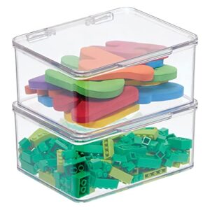 mdesign plastic playroom and gaming storage organizer box containers with hinged lid for shelves or cubbies, holds small toys, building blocks, puzzles, markers, controllers, or crayons, 2 pack, clear, 5.6 x 6.6 x 3