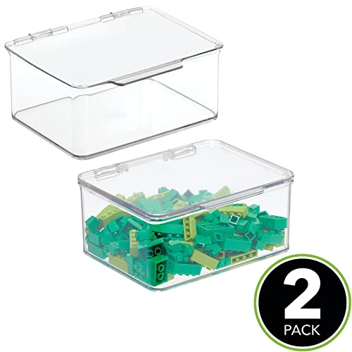 mDesign Plastic Playroom and Gaming Storage Organizer Box Containers with Hinged Lid for Shelves or Cubbies, Holds Small Toys, Building Blocks, Puzzles, Markers, Controllers, or Crayons, 2 Pack, Clear, 5.6 x 6.6 x 3