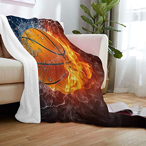 Ultra Soft Flannel Fleece Bed Blanket Basketball on Fire and Water Flame Splashing Lightning Throw Blanket All Season Warm Fuzzy Light Weight Cozy Plush Blankets for Living Room/Bedroom 40 x 50 inches