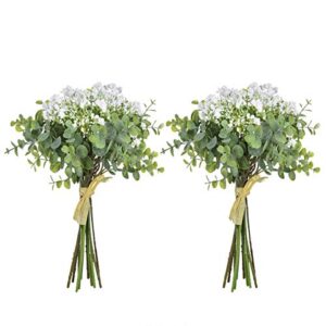 baby plum artificial baby breath flowers in bulk pack of 2 artificial gypsophila floral with silver dollar eucalyptus leaves white fake flowers for wedding hotel office home decoration(2pcs)