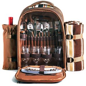 Picnic Backpack Bag for 4 Person With Cooler Compartment, Detachable Bottle/Wine Holder, Fleece Blanket, Plates and Cutlery Set Perfect for Outdoor, Sports, Hiking, Camping, BBQs(Coffee)