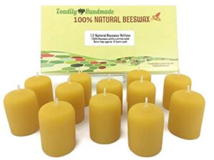 one dozen (12) hand poured solid beeswax votive candles in natural wax – 100% beeswax candles by toadily handmade – now packaged in an attractive gift box! – made in the usa