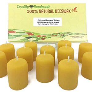 One Dozen (12) Hand Poured Solid Beeswax Votive Candles in Natural Wax - 100% Beeswax Candles by Toadily Handmade - Now Packaged in an Attractive Gift Box! - Made in The USA