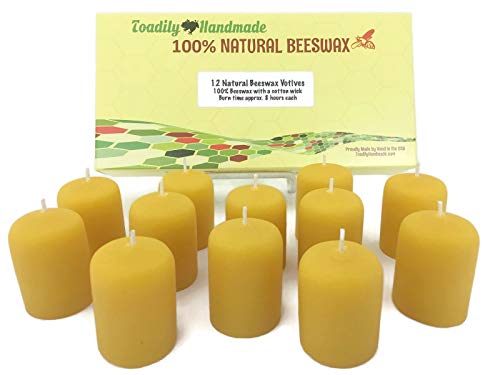 One Dozen (12) Hand Poured Solid Beeswax Votive Candles in Natural Wax - 100% Beeswax Candles by Toadily Handmade - Now Packaged in an Attractive Gift Box! - Made in The USA