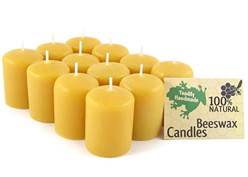 One Dozen (12) Hand Poured Solid Beeswax Votive Candles in Natural Wax - 100% Beeswax Candles by Toadily Handmade - Now Packaged in an Attractive Gift Box! - Made in The USA