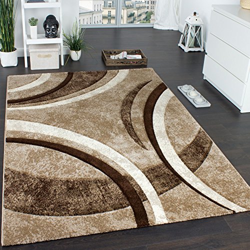 Area Rug with Contour Cut Striped Pattern Brown Beige and Cream Mixture, Size:5'3" x 7'7"