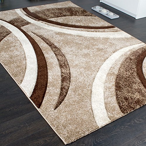 Area Rug with Contour Cut Striped Pattern Brown Beige and Cream Mixture, Size:5'3" x 7'7"