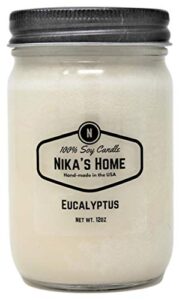 nika’s home eucalyptus soy candle – 12oz mason jar – non-toxic soy candle-hand poured candle- handmade, long burning candle-highly scented candle-all natural, clean burning candle
