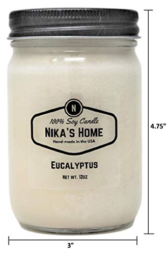 Nika's Home Eucalyptus Soy Candle - 12oz Mason Jar - Non-Toxic Soy Candle-Hand Poured Candle- Handmade, Long Burning Candle-Highly Scented Candle-All Natural, Clean Burning Candle