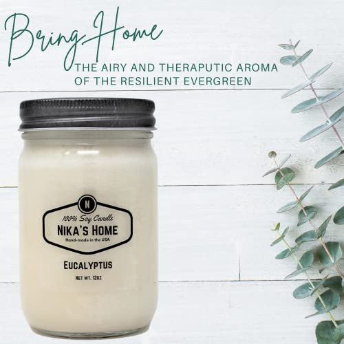 Nika's Home Eucalyptus Soy Candle - 12oz Mason Jar - Non-Toxic Soy Candle-Hand Poured Candle- Handmade, Long Burning Candle-Highly Scented Candle-All Natural, Clean Burning Candle