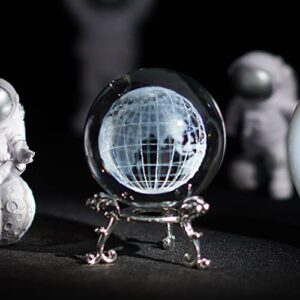 H&D HYALINE & DORA 2.3 inch (60mm) Clear Crystal Glass Ball Paperweight 3D Laser Engraved Earth Globe World Map Ball with Metal Stand Decor