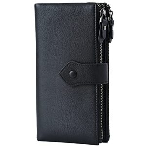 women soft leather rfid blocking bifold slim wallets credit card holder with double zipper pocket(black)