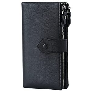 Women Soft Leather RFID Blocking Bifold Slim Wallets Credit Card Holder with Double Zipper Pocket(Black)