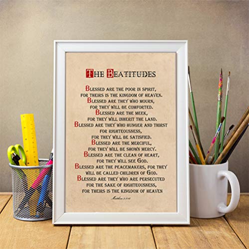 Beatitudes Wall Art Print, 11x14, Matthew 5 Sermon on the Mount Bible Quote, UnFramed Scripture Wall Décor, Christian Prayer Wall Art for Home or Office Decore, Inspirational Verse Poster for Spiritual