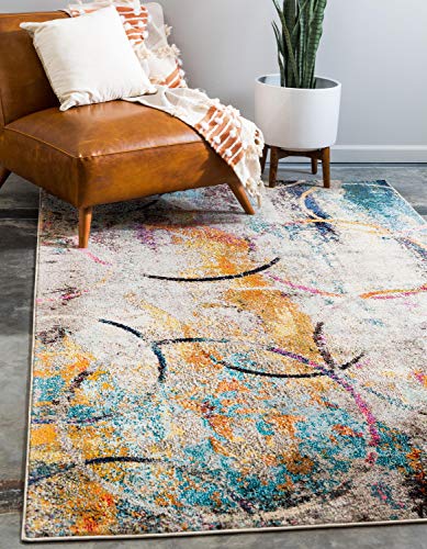 Unique Loom Chromatic Collection Modern Rustic & Vibrant Abstract Area Rug for Any Home Décor, Rectangular 8' 0" x 10' 0", Beige/Blue