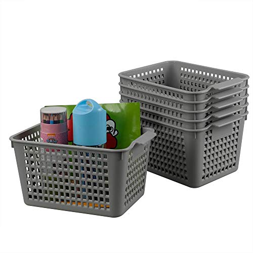 Ggbin Plastic Storage Organizer Basket, Grey Woven Plastic Baskets, 6-Pack