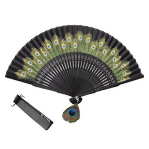 innolife peacock chinese/japanese hand folding fan bamboo carved frame silk craft fan (black)