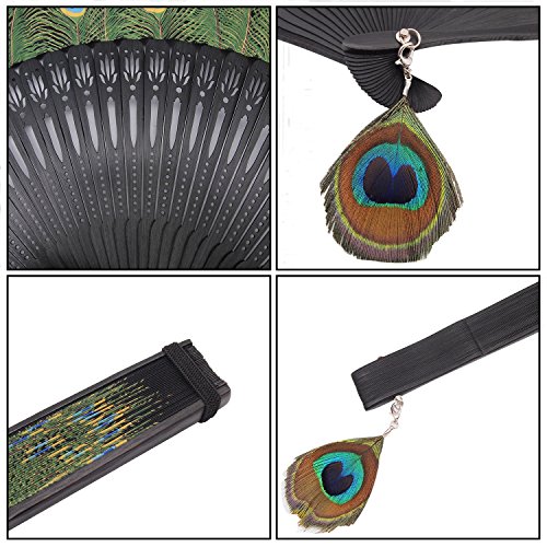 Innolife Peacock Chinese/Japanese Hand Folding Fan Bamboo Carved Frame Silk Craft Fan (Black)