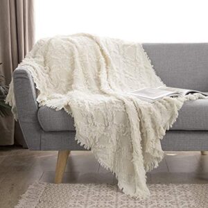 simple&opulence 100% cotton throw blanket for bed, couch, boho textured geometric knit woven blanket with tassels soft, lightweight breathable shabby chic farmhouse decoration for all-season(white)