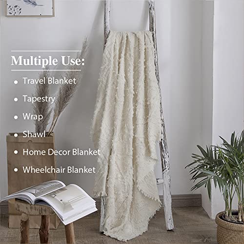 Simple&Opulence 100% Cotton Throw Blanket for Bed, Couch, Boho Textured Geometric Knit Woven Blanket with Tassels Soft, Lightweight Breathable Shabby Chic Farmhouse Decoration for All-Season(White)