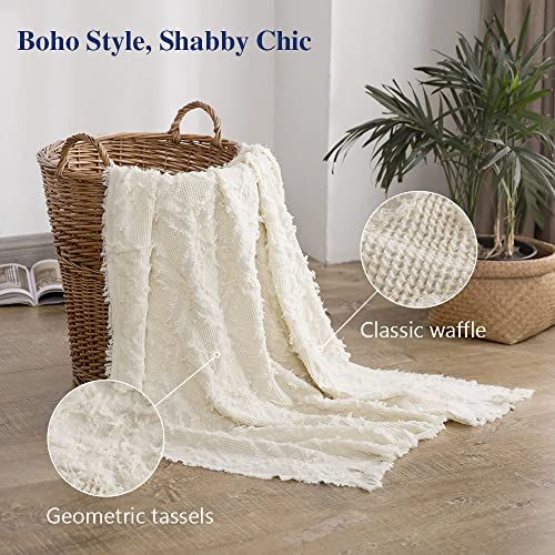 Simple&Opulence 100% Cotton Throw Blanket for Bed, Couch, Boho Textured Geometric Knit Woven Blanket with Tassels Soft, Lightweight Breathable Shabby Chic Farmhouse Decoration for All-Season(White)