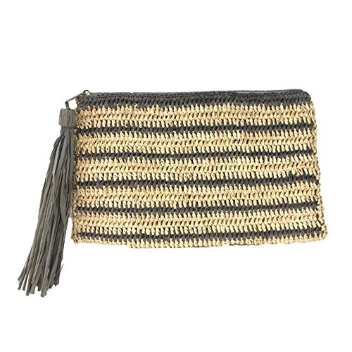 Mar Y Sol Kylie Striped Crochet Raffia Tassel Slim Clutch (Grey/Natural)