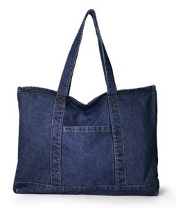 hoxis light weight soft denim tote unisex shopper shoulder handbag (navy)