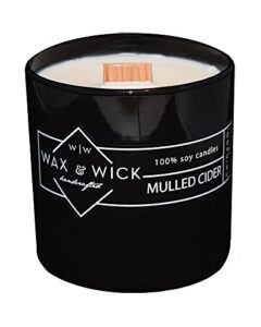 wax and wick 12oz. pure soy wax scented candle with double wood wick – black, mulled cider scent – notes of apple, nutmeg, vanilla, & caramel