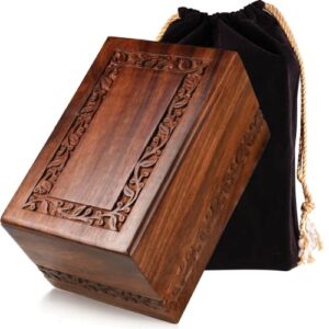 soulurns – border engraved rosewood cremation urns for human ashes adult male female – wooden decorative urns box and casket for men women child – burial urn for adults with velvet bag