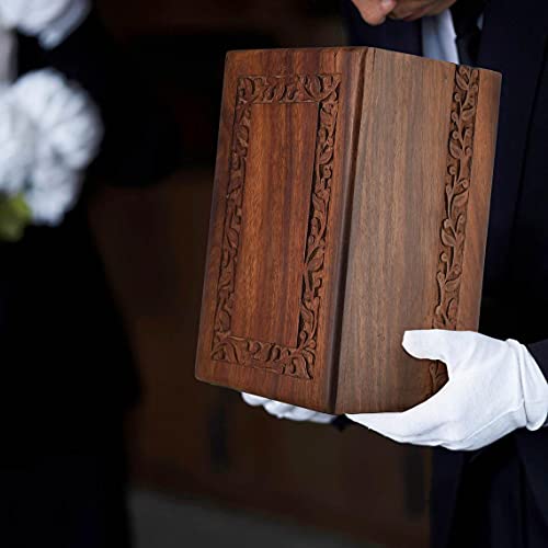 SOULURNS - Border Engraved Rosewood Cremation Urns for Human Ashes Adult Male Female - Wooden Decorative Urns Box and Casket for Men Women Child - Burial Urn for Adults with Velvet Bag