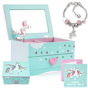 amitié lane unicorn musical jewelry box for girls – unicorns gifts for girls – music box for 5 year old birthday gifts or ages 6, 7, 8, kids jewelry box, unicorn bedroom decor for little girl (mint)