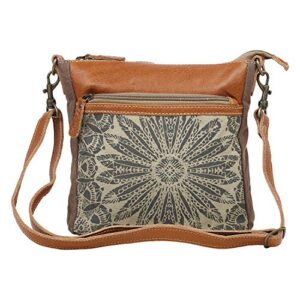 myra bag dizzy circle upcycled canvas & leather small crossbody bag s-1556, brown,