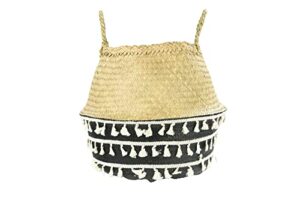 creative co-op beige & black natural seagrass collapsible handles & white tassels basket
