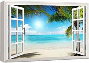 wall26 canvas print wall art window view landscape of green palm beach nature wilderness photography modern art rustic scenic colorful multicolor for living room, bedroom, office – 24″x36″