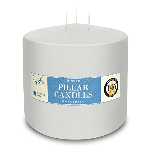 HYOOLA White Three Wick Large Candle - 6 x 6 Inch - Unscented Big Pillar Candles - 146 Hour - European Made