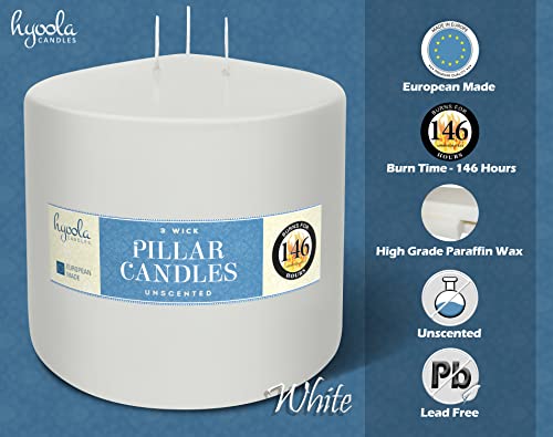 HYOOLA White Three Wick Large Candle - 6 x 6 Inch - Unscented Big Pillar Candles - 146 Hour - European Made