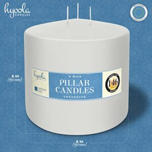HYOOLA White Three Wick Large Candle - 6 x 6 Inch - Unscented Big Pillar Candles - 146 Hour - European Made