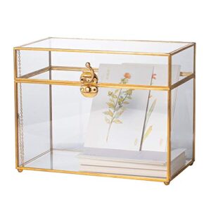 ncyp gold glass card box with lid for wedding reception (9.9×5.6×7.7 inches) handmade rectangle decorative storage box for party wishwell keepsake, vintage terrarium (glass box only) (no slot)