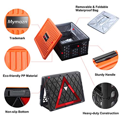 Mymazn Trunk Organizer Plastic for Car, Crate Storage Collapsible Car Organizer for SUV, Groceries, Camping | with Lid, Waterproof Bag, Optional Insulated Cooler(Orange)