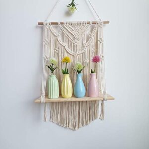 bluettek macrame wall hanging shelf, wood hanging shelf organizer hanger, handmade cotton rope bohomia woven home wall decor (flower)