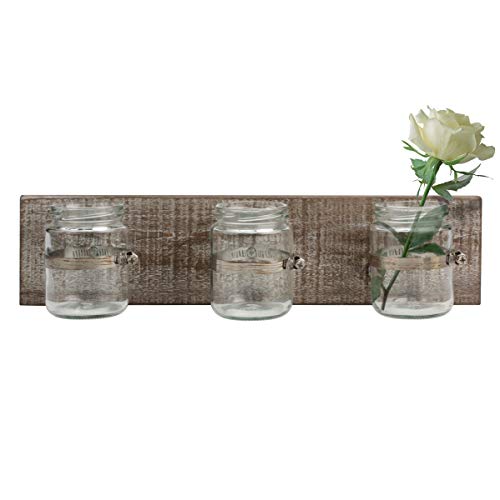 Stonebriar Rustic Industrial White Wash Wood Hanging Wall Decor with 3 Glass Jar Containers, Clear