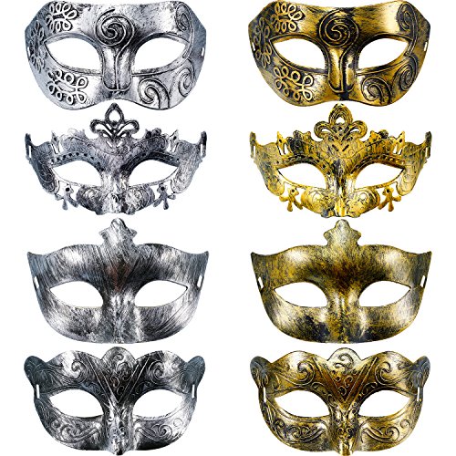 8 Pieces Vintage Antique Masks Hallowmas Masquerade Carnival Mask (Gold Silver)