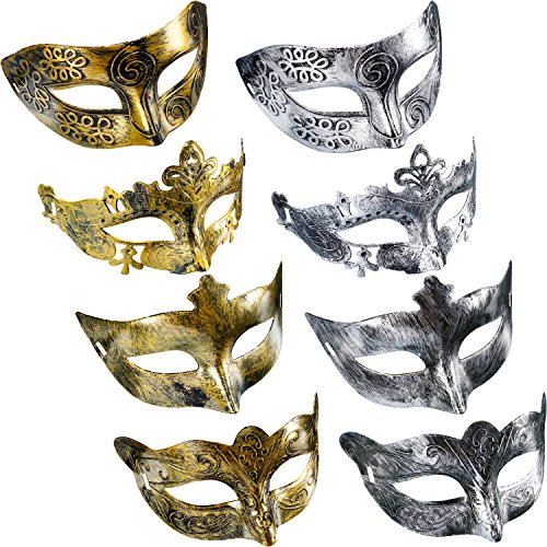 8 Pieces Vintage Antique Masks Hallowmas Masquerade Carnival Mask (Gold Silver)