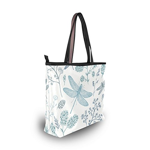 Shoulder Bag Large Beach Travel Tote Bag Blue Dragonfly Printed Handbags with Handle Top Zipper Closure