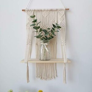 bluettek macrame wall hanging shelf, wood floating hanging storage shelf bohomian wall decor (heart)