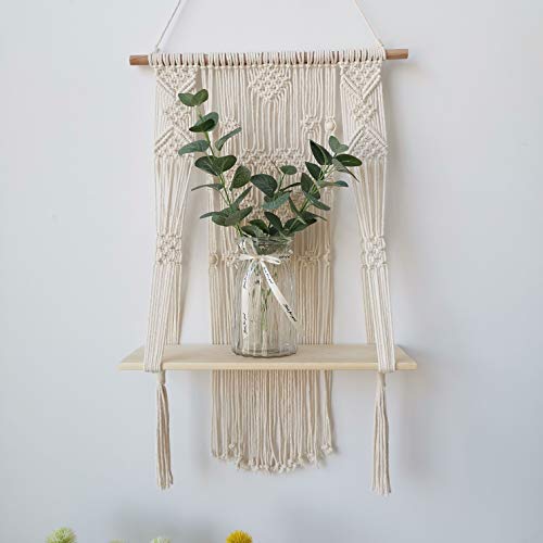 BLUETTEK Macrame Wall Hanging Shelf, Wood Floating Hanging Storage Shelf Bohomian Wall Decor (Heart)